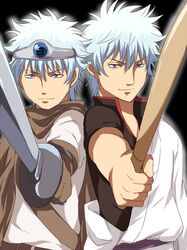  blue_eyes cape gintama headband japanese_clothes kimono leukocyte_king maruki_(punchiki) multiple_boys punchiki red_eyes sakata_gintoki silver_hair sword weapon 