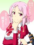  dress freckles grin hair_ornament hairclip hammer lisbeth nori_tamago pink_eyes pink_hair red_eyes smile solo sword_art_online translated translation_request white_background 