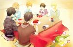  arttist:kari-kitties blonde_hair blush brown_eyes brown_hair cake food fujioka_haruhi hitachiin_hikaru hitachiin_kaoru houshakuji_renge kari-kitties kotatsu ouran_high_school_host_club short_hair smile suou_tamaki table under_kotatsu under_table 