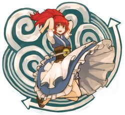  arms_up dress frills gatakigi_gama hair_bobbles hair_ornament onozuka_komachi open_mouth red_eyes red_hair redhead short_hair short_sleeves solo touhou twintails 