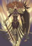 armor blue_eyes bodysuit boots breasts brown_hair curvy forehead_protector gauntlets highres huge_breasts league_of_legends leg_armor leona_(league_of_legends) long_hair sainticon shield signature skin_tight solo sword weapon 