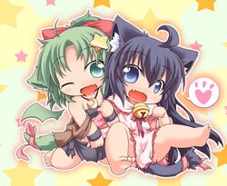  animal_ears barefoot black_hair blue_eyes cat_ears cat_tail chibi copyright_request fang green_hair kuroneko_liger multiple_girls tail wings wink 