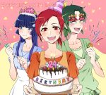 3girls :d aoki_reika artist_self-insert birthday birthday_cake blue_hair blush candle closed_eyes collarbone eyes_closed funny_glasses glasses grey_hair hair_ornament hairclip happy_birthday hat heart hino_akane long_hair midorikawa_nao multiple_girls negom open_mouth party_hat party_popper precure red_eyes red_hair redhead smile smile_precure! star