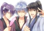  alternate_hairstyle black_hair brown_eyes gintama japanese_clothes katsura_kotarou long_hair maruki_(punchiki) mirror multiple_boys payot ponytail punchiki red_eyes sakata_gintoki silver_hair takasugi_shinsuke v wavy_hair yellow_eyes 