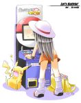  1girl arcade_cabinet bare_legs blue_(pokemon) english hat long_hair pikachu pokemon pokemon_(creature) pokemon_(game) pokemon_frlg porkpie_hat rascal skirt yawning 