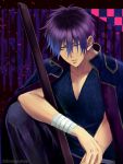  black_hair gintama green_eyes hakaicom headband jacket_on_shoulders purple_hair sheath sheathed solo sword takasugi_shinsuke weapon wince 