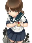  1girl blue_skirt blush brown_eyes brown_hair cowboy_shot from_above hayashi_naoji highres kantai_collection looking_at_viewer looking_up low_twintails machinery medal neckerchief pleated_skirt sailor_collar school_uniform serafuku shirayuki_(kantai_collection) short_twintails simple_background skirt smile solo thigh_strap twintails white_background 