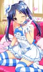  ;d blue_hair blush brown_hair gloves heart idolmaster kisaragi_chihaya lolita_fashion long_hair looking_at_viewer nomura_teruya open_mouth pillow shiny shiny_skin sitting smile solo striped striped_legwear thigh-highs thighhighs twintails wink 