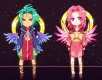  1boy 1girl :&gt; belial_(mygrimoire) facial_mark forehead_mark green_hair japanese_clothes kimono kyousaku lucifer_(mygrimoire) mygrimoire obi original pink_eyes pink_hair pointy_ears red_eyes short_hair shorts smile wings 