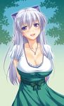  :d arms_behind_back blush breasts cleavage collarbone dress hair_ornament jewelry large_breasts long_hair looking_at_viewer miyai_max necklace open_mouth original purple_eyes silver_hair smile solo violet_eyes 