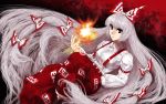  bow buckle dress_shirt fire flame fujiwara_no_mokou hair_bow hair_ribbon hand_in_pocket highres long_hair long_sleeves pants puffy_long_sleeves puffy_sleeves red_eyes ribbon shirt silver_hair solo suspenders touhou tress_ribbon umami_(sakeikura) very_long_hair white_shirt 