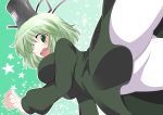  ghost_tail green_eyes green_hair hammer_(sunset_beach) hat long_sleeves multiple_tails open_mouth puffy_sleeves short_hair soga_no_tojiko solo star tail tate_eboshi touhou 