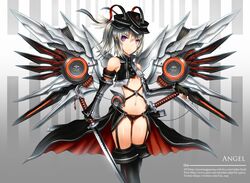  bare_shoulders blade breasts fingerless_gloves garter_straps gia gloves headphones katana navel original ponytail purple_eyes short_hair silver_hair solo sword under_boob underboob weapon wings 