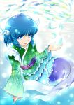  1girl blue_eyes blue_hair frills head_fins japanese_clothes long_sleeves mermaid monster_girl smile solo touhou wakasagihime water wide_sleeves 