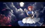  blurry breasts cloud clouds depth_of_field dress flower full_moon hand_on_hip letterboxed moon night onozuka_komachi red_(girllove) red_eyes red_hair redhead scythe solo spider_lily touhou 