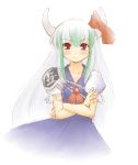  blush crossed_arms dress ex-keine green_hair horn_ribbon horns kamishirasawa_keine kasuga_yukihito long_hair multicolored_hair red_eyes ribbon solo touhou two-tone_hair white_hair 