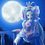  agarte_lindblum animal_ears blue blue_background blue_hair bow cat_ears circlet colored_eyelashes crown dress earrings flower food fruit full_moon grapes green_eyes hair_bow jewelry moon night pink_rose puffy_sleeves rose shimauma shimauma_(zebra_vz) short_hair slit_pupils smile solo tales_of_(series) tales_of_rebirth 