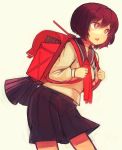  backpack bag bob_cut gatakigi_gama open_mouth original pleated_skirt randoseru school_uniform serafuku short_hair simple_background skirt solo white_background 