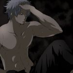  gintama hand_in_hair lowres maruki_(punchiki) md5_mismatch punchiki red_eyes sakata_gintoki shirtless silver_hair solo sweat 