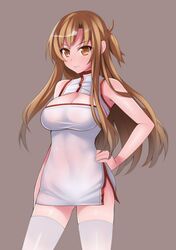  1girl asuna_(sao) breasts brown_background brown_eyes brown_hair cleavage hand_on_hip hevn large_breasts long_hair looking_at_viewer simple_background solo sword_art_online thighhighs white_legwear 