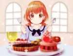  alba_(little_witches) brown_eyes cake food fork fruit glass holding_fork holding_spoon orange_hair original slice_of_cake smile solo sparkle spoon strawberry tart_(food) twintails window 