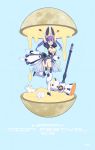  2012 animal_ears arms_up blue_eyes bunny bunny_ears candy hammer highres lifting long_hair mecha_musume mhk_(mechamania) moon open_mouth original parody purple_hair rabbit rabbit_ears sazae-san smile solo standing_on_one_leg twintails weapon 