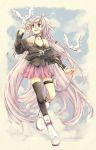  :d bare_shoulders bird blue_eyes boots braid casual choker cloud full_body highres ia_(vocaloid) long_hair musical_note nemurou off_shoulder open_mouth pink_hair side_braid silver_hair singing single_thighhigh sky smile thigh-highs thigh_strap thighhighs very_long_hair vocaloid watermark web_address 