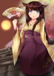  animal_ears arm_support blue_eyes braid brown_hair cat_ears collarbone fan full_moon highres japanese_clothes kimono long_hair long_sleeves moon obi open_mouth opta_(kirby0124) original red_sky rooftop sitting sky solo 