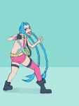  1girl armlet back bandolier bikini_top blue_background blue_hair boots braid butt_crack fingerless_gloves g138 gloves highres jinx_(league_of_legends) league_of_legends long_hair looking_at_viewer mismatched_gloves paw_pose pink_legwear pose red_eyes shorts single_thighhigh small_breasts solo tattoo thigh-highs twin_braids very_long_hair 
