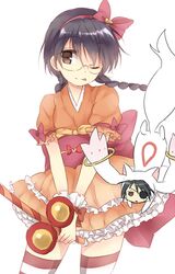  ;p black_hair bow braid brown_eyes genderswap gintama glasses hair_bow japanese_clothes kimono kyubey long_hair magical_girl mahou_shoujo_madoka_magica maruki_(punchiki) namesake obi punchiki shimura_shinpachi striped striped_legwear thigh-highs thighhighs tongue twin_braids wink yagyuu_kyuubei 