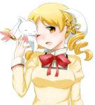  blonde_hair breasts drill_hair hair_ornament kyubey mahou_shoujo_madoka_magica open_mouth school_uniform tomoe_mami twin_drills unnen white_background wink yellow_eyes 