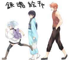  2girls black_hair blue_eyes braid brown_eyes capri_pants genderswap gintama japanese_clothes kagura_(gintama) kimono maruki_(punchiki) multiple_girls obi punchiki red_eyes red_hair redhead sakata_gintoki shimura_shinpachi short_twintails silver_hair thigh-highs thighhighs twin_braids twintails white_background 