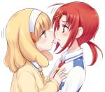  blonde_hair blush commentary_request hairband hands_on_another&#039;s_chest hands_on_another's_chest hino_akane kise_yayoi multiple_girls necktie ponytail precure red_eyes red_hair redhead side simple_background smile_precure! suzushiro_yukari tongue tongue_out white_background yellow_eyes yuri 