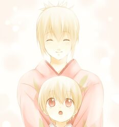  1girl blonde_hair brother_and_sister brown_hair child gintama hug hug_from_behind japanese_clothes kimono maruki_(punchiki) okita_mitsuba okita_sougo pale_color ponytail red_eyes siblings young 