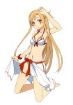  abec adapted_costume arm_ribbon arm_up asuna_(sao) bare_legs bare_shoulders barefoot bikini breasts brown_eyes brown_hair bunbun cleavage highres kneeling long_hair navel render ribbon sarong smile solo swimsuit sword_art_online thigh_ribbon transparent_background very_long_hair white_bikini 