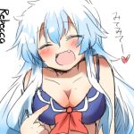  artist_name bikini blue_bikini blue_hair blush breasts cleavage closed_eyes collarbone eyes_closed fang head_tilt kamishirasawa_keine large_breasts long_hair lowres open_mouth pointing pointing_at_self rebecca_(keinelove) smile solo swimsuit touhou translated 