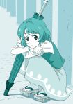  aqua closed_umbrella crossed_arms feet geta highres ikuya_koimori monochrome no_socks short_hair sitting solo squatting tatara_kogasa touhou turquoise_(color) umbrella 