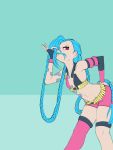  1girl armlet bandolier bikini_top blue_background blue_hair braid fingerless_gloves g138 gloves hair_over_one_eye hand_on_hip highres jinx_(league_of_legends) league_of_legends leaning_forward long_hair looking_at_viewer mismatched_gloves pink_legwear pose red_eyes shorts single_thighhigh small_breasts solo tattoo thigh-highs twin_braids very_long_hair 