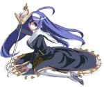  ahoge arm_support arm_up armor armored_dress bangs blue_eyes blue_hair breasts dress floating_hair hairband high_heels holding huge_ahoge large_breasts leaning_forward long_hair looking_at_viewer looking_back orie_(under_night_in-birth) profile rapier reverse_grip rough shoes simple_background sitting solo suzumebati3 sword turtleneck under_night_in-birth very_long_hair wariza weapon white_background white_legwear 