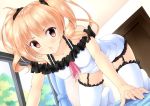  &gt;:o azure_(capriccio) bed blonde_hair blush collarbone garter_straps original pov red_eyes resized solo thigh-highs thighhighs twintails white_legwear window 