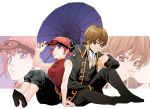  1girl bare_shoulders black_jacket blue_eyes brown_eyes brown_hair bun_cover chinese_clothes double_bun gintama jacket kagura_(gintama) military military_uniform okita_sougo orange_hair parasol sitting sleep_mask umbrella uniform violetcoral zoom_layer 