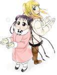  aotsuki_ran back-to-back black_hair blonde_hair blue_eyes braid double_bun fullmetal_alchemist gloves may_chang multiple_girls snowflakes winry_rockbell xiao-mei 