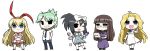  &gt;:) &gt;:d :&gt; :d amae_koromo animal_ears asymmetrical_legwear bangs black_eyes black_hair blonde_hair blue_eyes blunt_bangs bow brown_hair bunny_ears character_request chibi computer crossed_arms dress facial_mark fake_animal_ears glasses green_hair grin hair_bow hands_on_hips highres inoue_jun kneehighs kunihiro_hajime laptop long_hair mahjong multiple_girls necktie open_mouth pants_under_skirt pointing ponytail purple_dress rabbit_ears ryuumonbuchi_touka saki saki_achiga-hen sawamura_tomoki shoes short_hair simple_background skirt smile standing thigh-highs thighhighs ume_(noraneko) very_long_hair white_background white_dress wink 