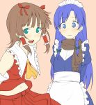  amami_haruka blue_eyes blue_hair blush bow brown_hair cosplay flat_color green_eyes hair_bow hair_tubes hakurei_reimu hakurei_reimu_(cosplay) hiroya_juuren idolmaster izayoi_sakuya izayoi_sakuya_(cosplay) kisaragi_chihaya long_hair maid maid_headdress multiple_girls navel scarf short_hair simple_background smile touhou wavy_mouth 