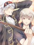  bokken brown_hair cosplay costume_switch gintama jacket maruki_(punchiki) multiple_boys okita_sougo okita_sougo_(cosplay) punchiki red_eyes sakata_gintoki sakata_gintoki_(cosplay) silver_hair sleep_mask sword uniform weapon wooden_sword 