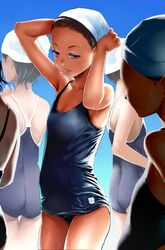  armpits arms_up bare_shoulders black_hair blue_eyes brown_hair hands_on_head highres lips multiple_girls naav original school_swimsuit short_hair swim_cap swimsuit wet 