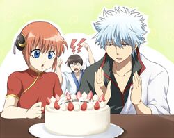  2boys black_hair blue_eyes bun_cover cake chinese_clothes double_bun food fruit gintama glasses kagura_(gintama) maruki_(punchiki) multiple_boys orange_hair punchiki red_eyes red_hair redhead sakata_gintoki shimura_shinpachi silver_hair strawberry 