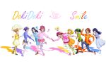  6+girls aida_mana aoki_reika candy_(smile_precure!) dabyi_(dokidoki!_precure) directional_arrow dokidoki!_precure heart highres hino_akane hishikawa_rikka hoshizora_miyuki kenzaki_makoto kise_yayoi lance_(dokidoki!_precure) midorikawa_nao miro_(seiya1005) multiple_girls precure raquel_(dokidoki!_precure) relay_baton running shadow sharuru_(dokidoki!_precure) simple_background smile_precure! white_background yotsuba_alice 