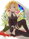 1girl bare_shoulders black_boots blonde_hair blue_eyes boots earrings elbow_gloves fei_(songyijie) flower gloves highres jewelry junketsu_no_maria looking_at_viewer maria_(junketsu_no_maria) rose short_hair sitting solo thigh-highs thigh_boots thigh_strap 