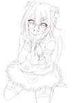  :d bow cat_tail collarbone fang garter_straps glasses hair_bow hair_ornament hairclip holding hoodie lineart monochrome open_mouth original sitting skirt smile solo tail thigh-highs thighhighs yamasuta 